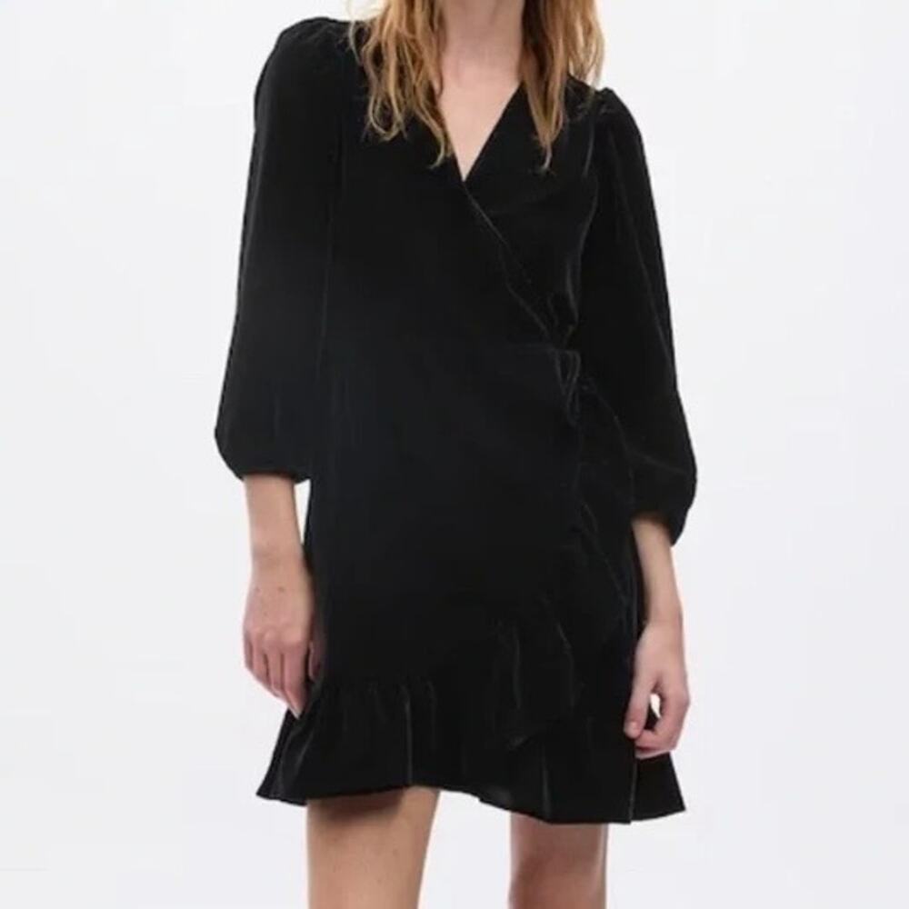 NWT Gap Black Velvet Wrap Balloon Sleeve Ruffle Hem Holiday Party Mini Dress XS
